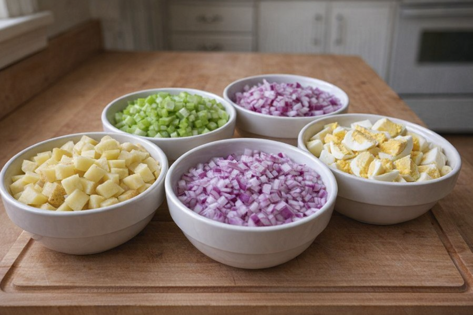 A close-up shot of diced Yukon gold potatoes, celery, red onion, and hard-boiled eggs in separate bowls, arranged on a wooden cutting board, natural kitchen lighting